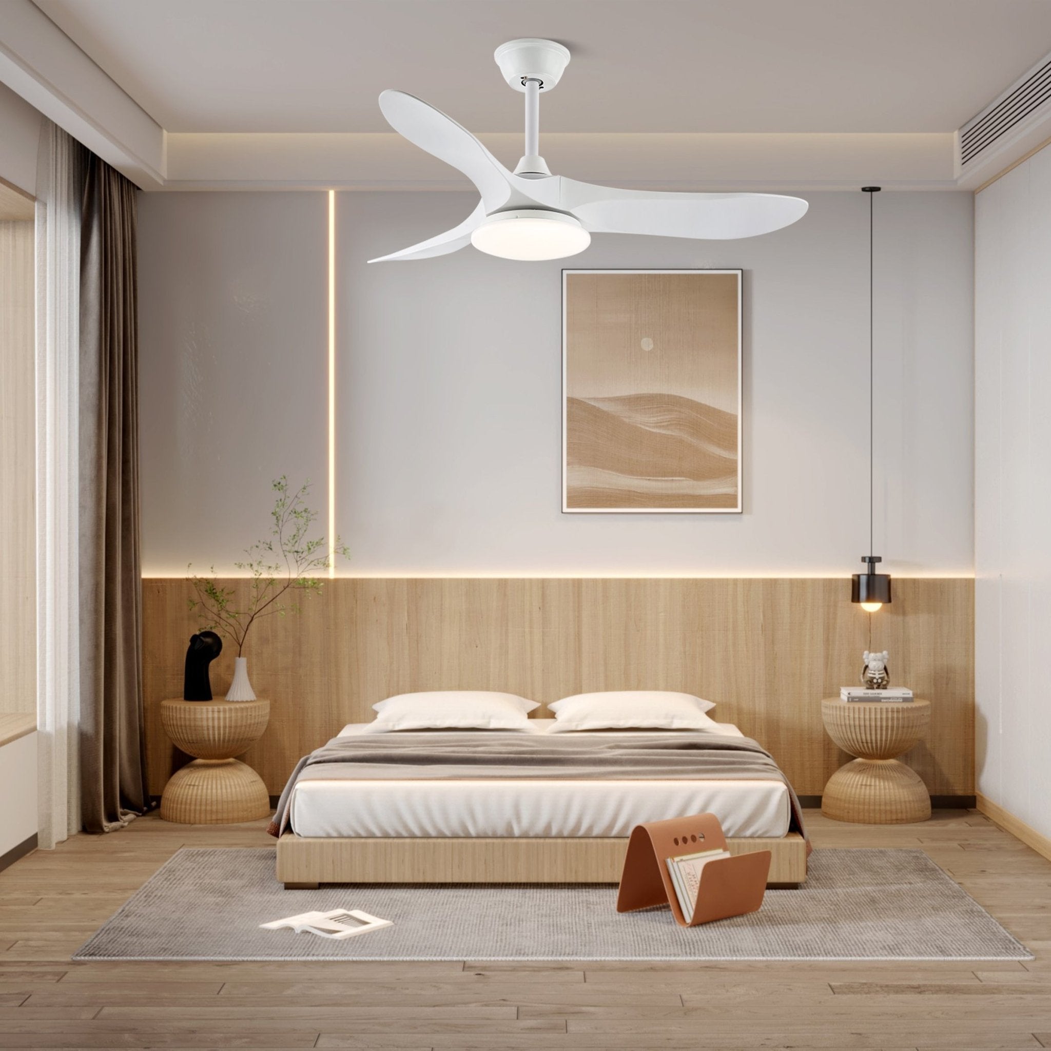 Velix Moderner Holz-Deckenventilator mit Beleuchtung an der Decke installiert