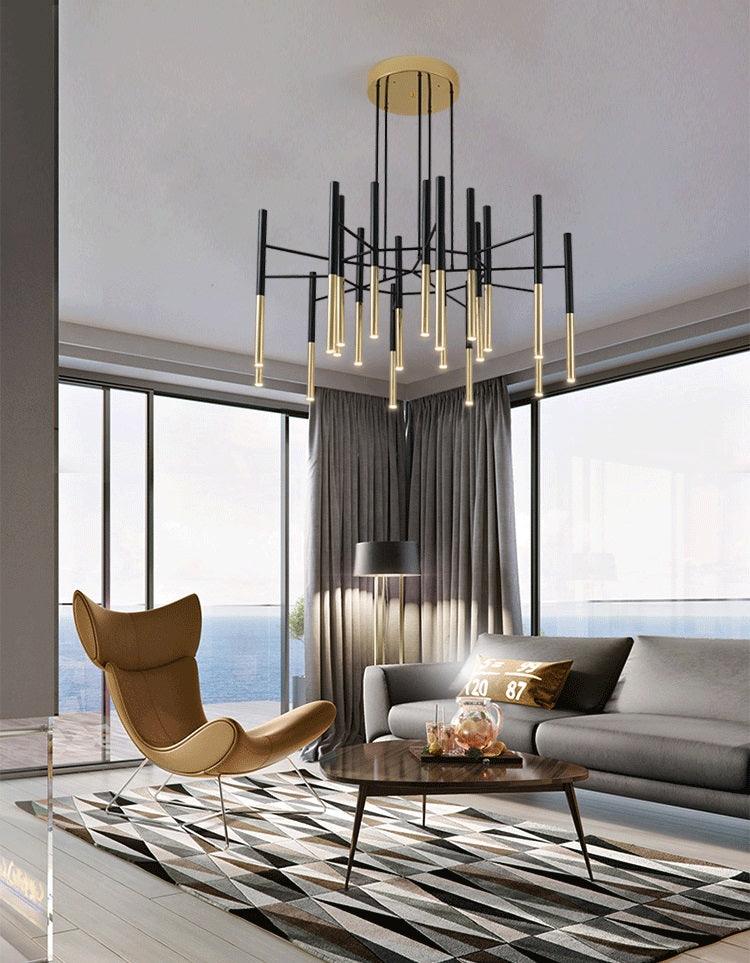 Solara Moderner Kronleuchter Stäbe Schwarz-Gold-Letslighting