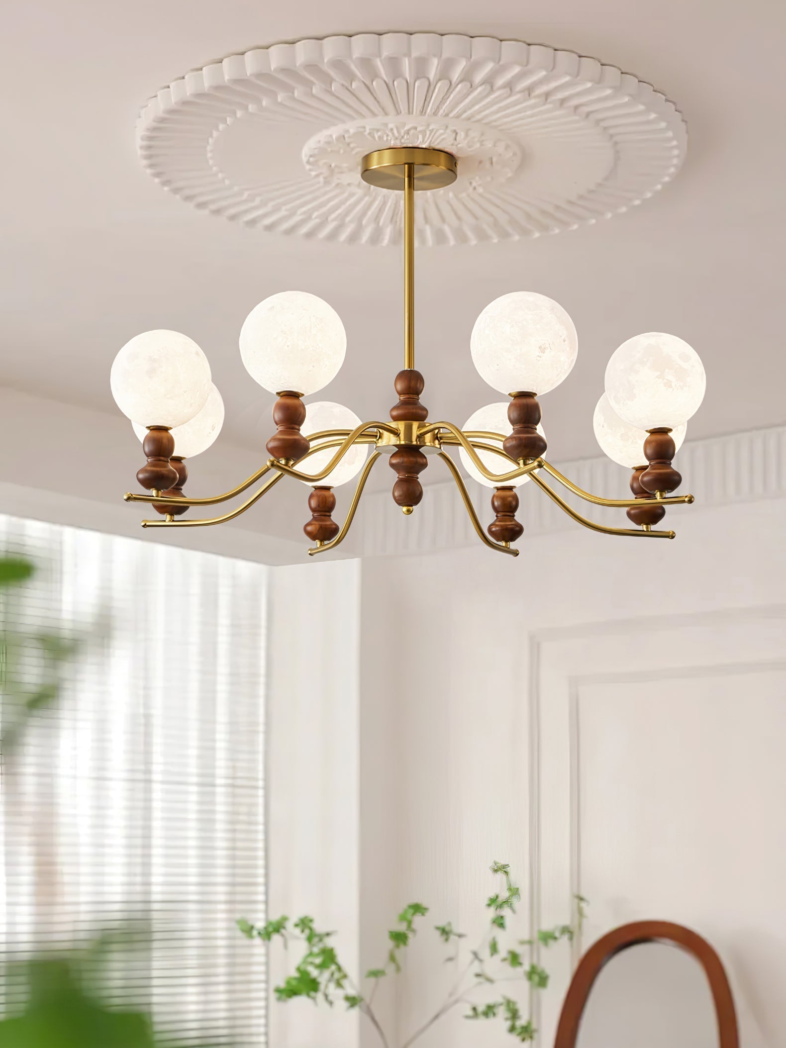 Lustra Kronleuchter Messing Holz Mond Globus Elegant-Letslighting