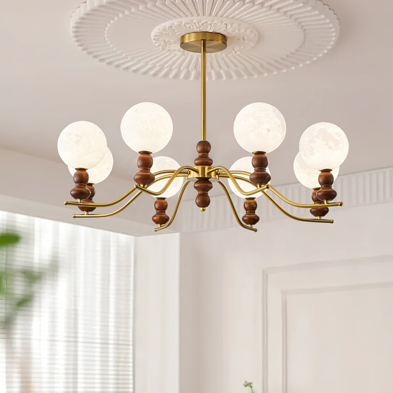 Lustra Kronleuchter Messing Holz Mond Globus Elegant-Letslighting