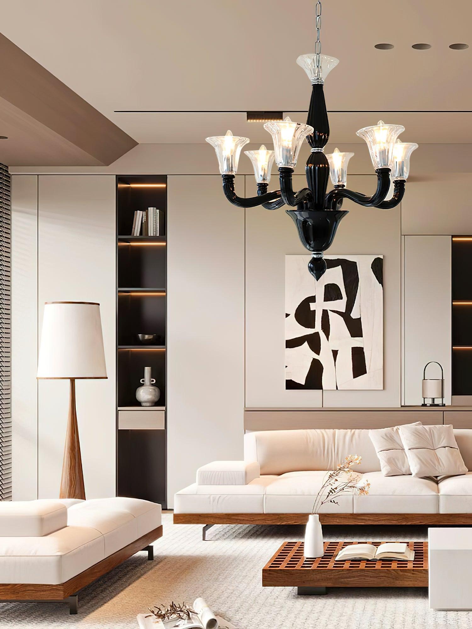 Aurora Chandelier Black Murano Candle Arm Glass Classic - Neutralighting