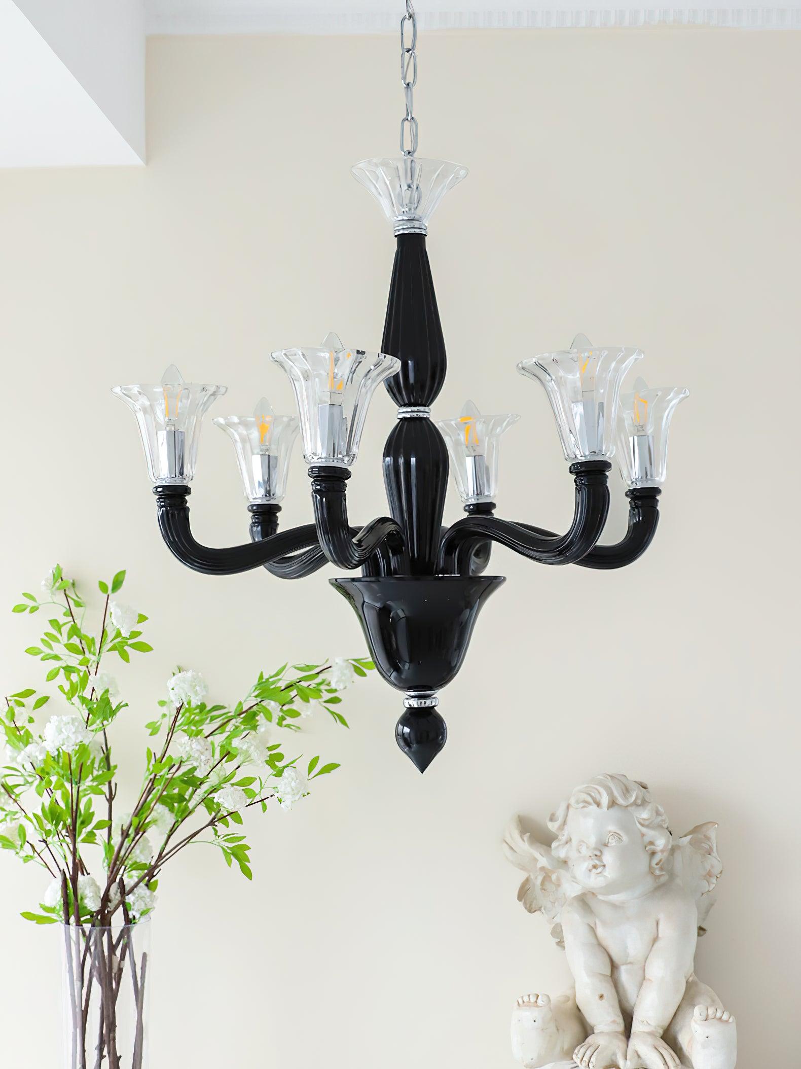 Aurora Chandelier Black Murano Candle Arm Glass Classic - Neutralighting