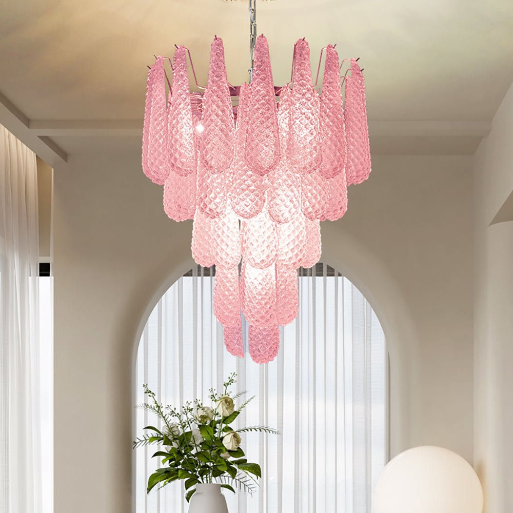Aurora Chandelier Pink Droplet Murano Glass Diamond Pattern Waterfall - Neutralighting