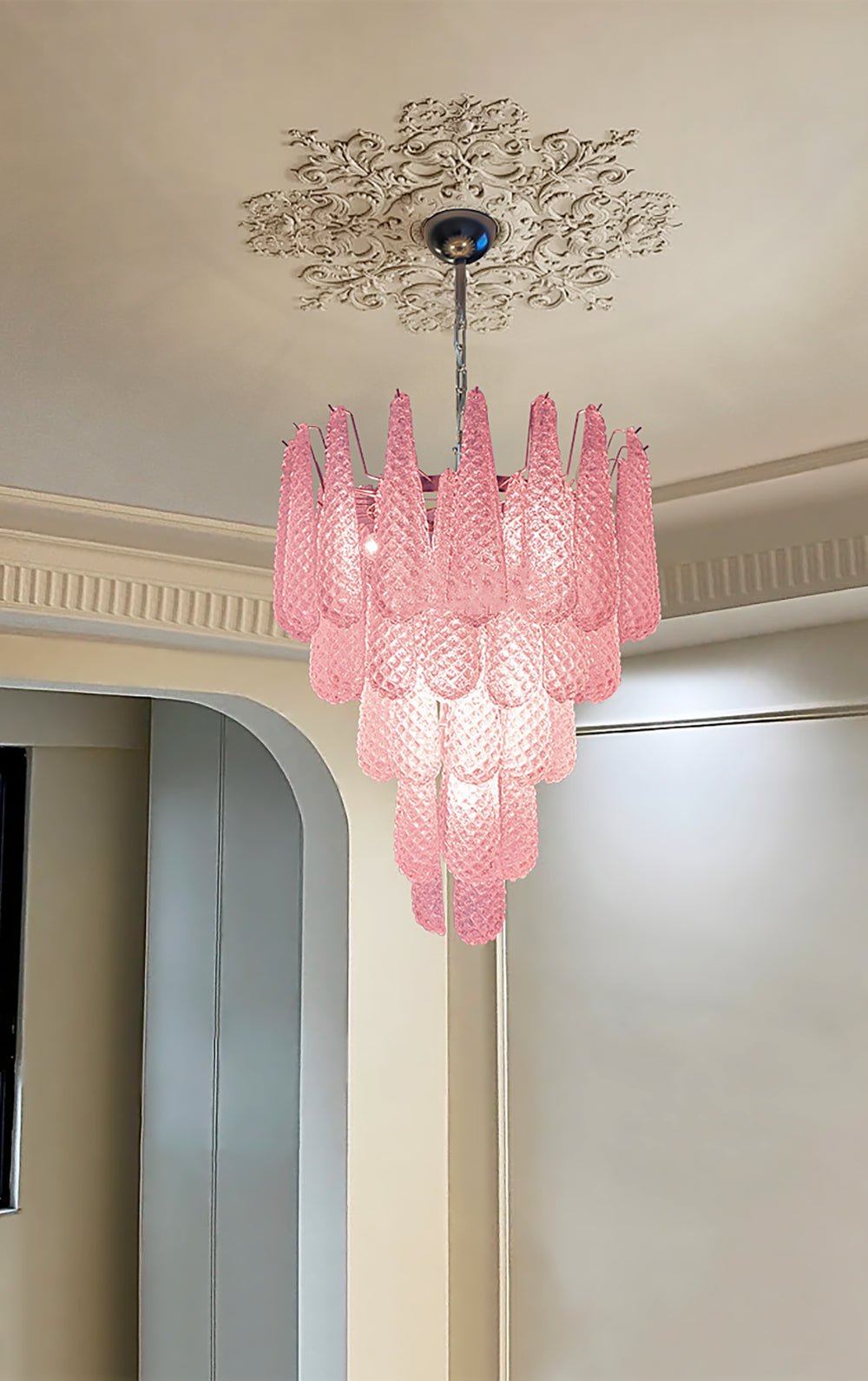 Aurora Chandelier Pink Droplet Murano Glass Diamond Pattern Waterfall - Neutralighting