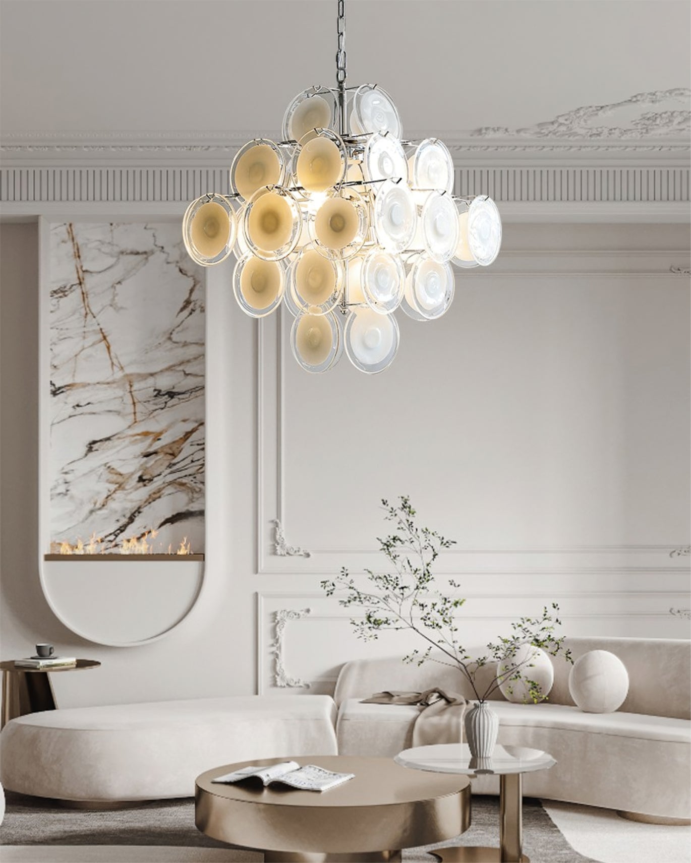 Aurora Chandelier White Murano Glass Discs Cluster - Neutralighting