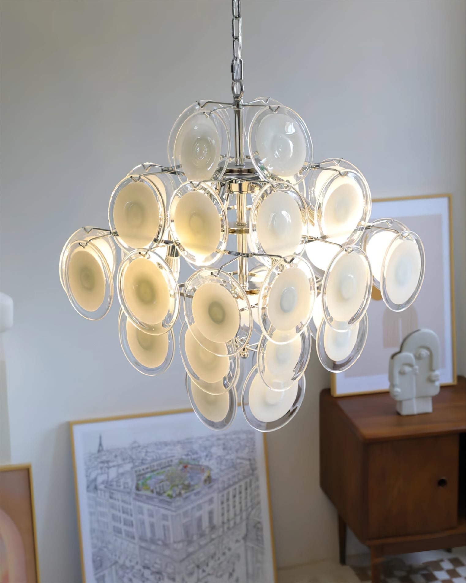 Aurora Chandelier White Murano Glass Discs Cluster - Neutralighting