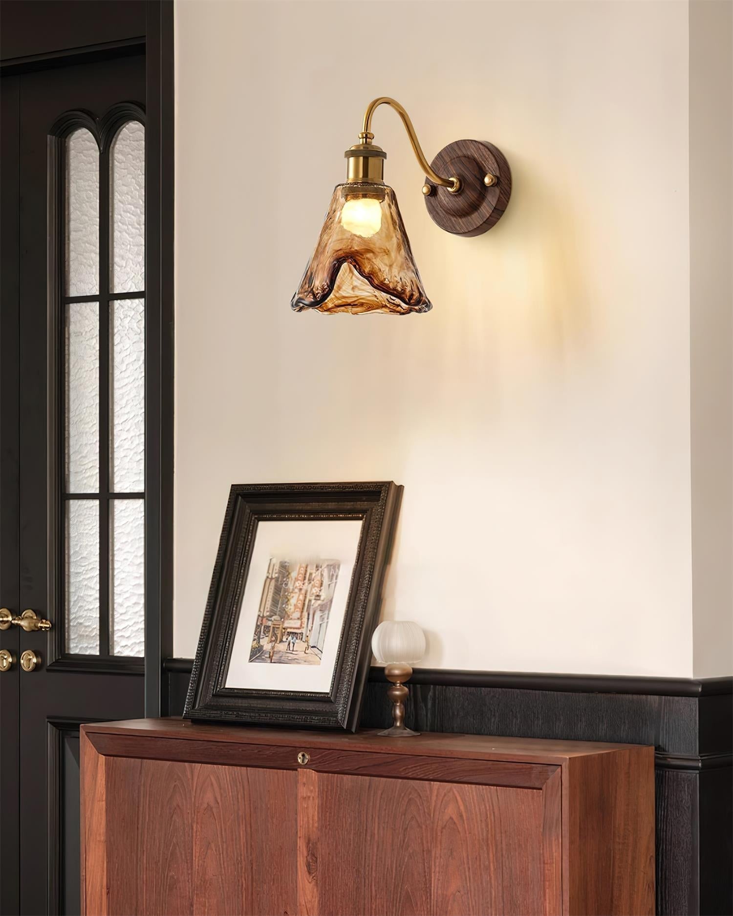 Wandleuchte Bernstein Glas Schirm Walnuss Gold Vintage Modern Wandleuchte-Letslighting