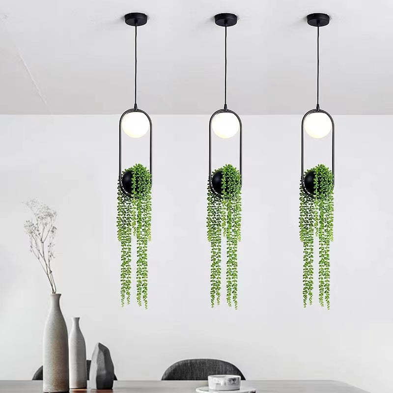 Natural Pflanzentopf Kugel Metall/Glas Pendelleuchte Schwarz/Grün Schlafzimmer