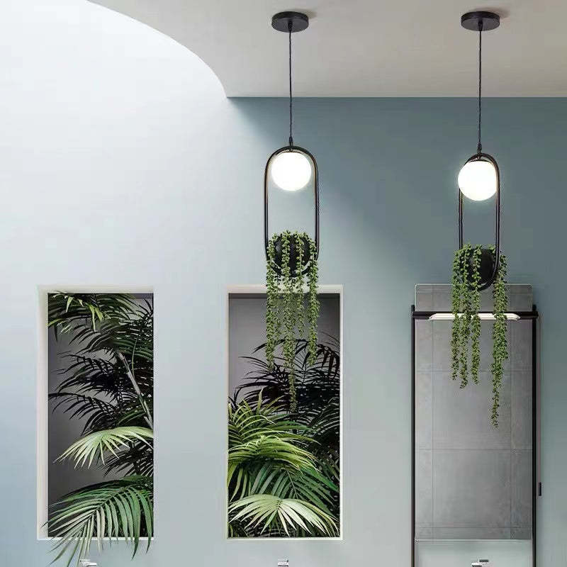 Natural Pflanzentopf Kugel Metall/Glas Pendelleuchte Schwarz/Grün Schlafzimmer