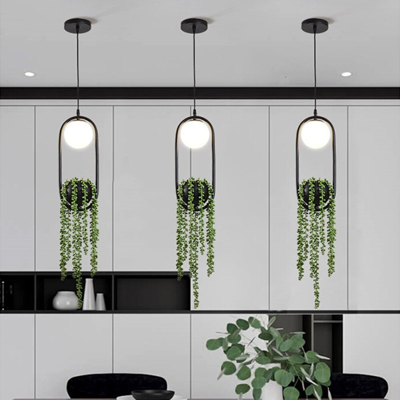 Natural Pflanzentopf Kugel Metall/Glas Pendelleuchte Schwarz/Grün Schlafzimmer
