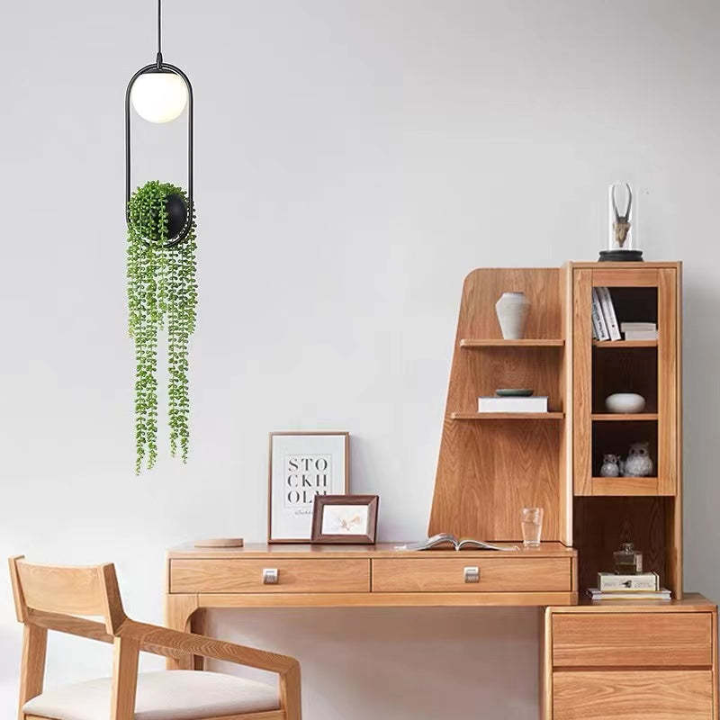 Natural Pflanzentopf Kugel Metall/Glas Pendelleuchte Schwarz/Grün Schlafzimmer