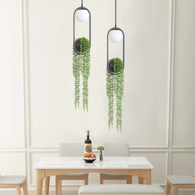 Natural Pflanzentopf Kugel Metall/Glas Pendelleuchte Schwarz/Grün Schlafzimmer