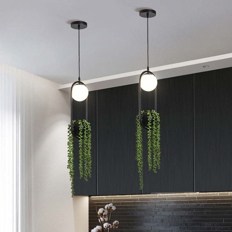Natural Pflanzentopf Kugel Metall/Glas Pendelleuchte Schwarz/Grün Schlafzimmer