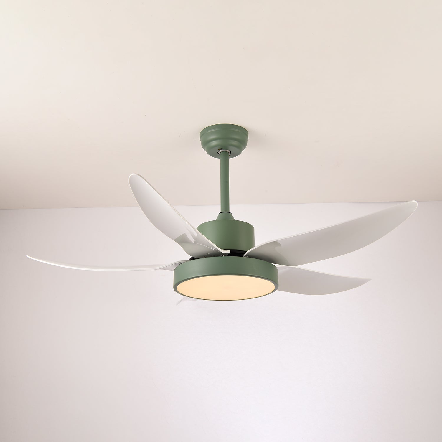 Nahaufnahme der Kunststoffflügel und des Acrylschirms der Ventilatorleuchte
