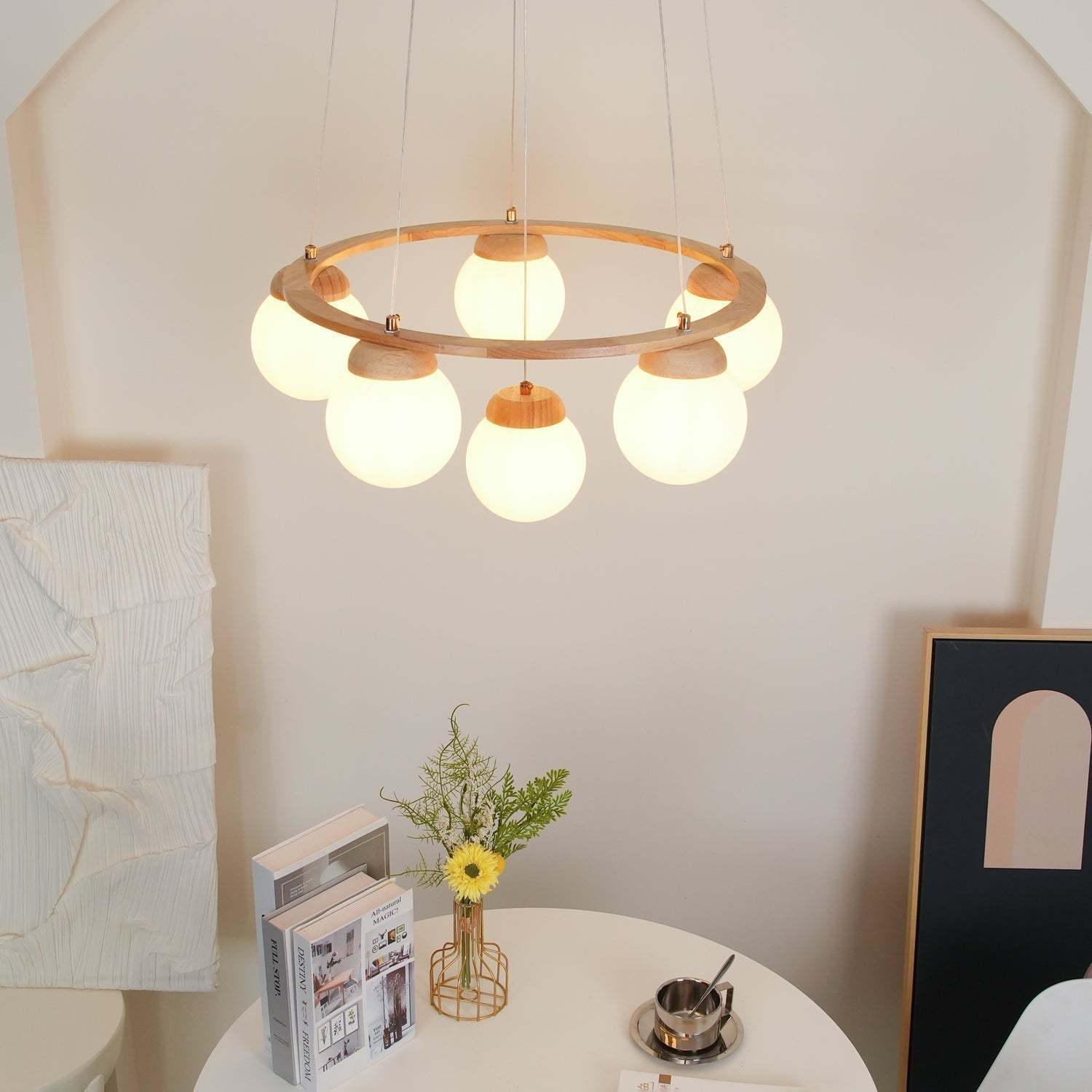 Lustra Kronleuchter Holzring Opalglaskugeln-Letslighting