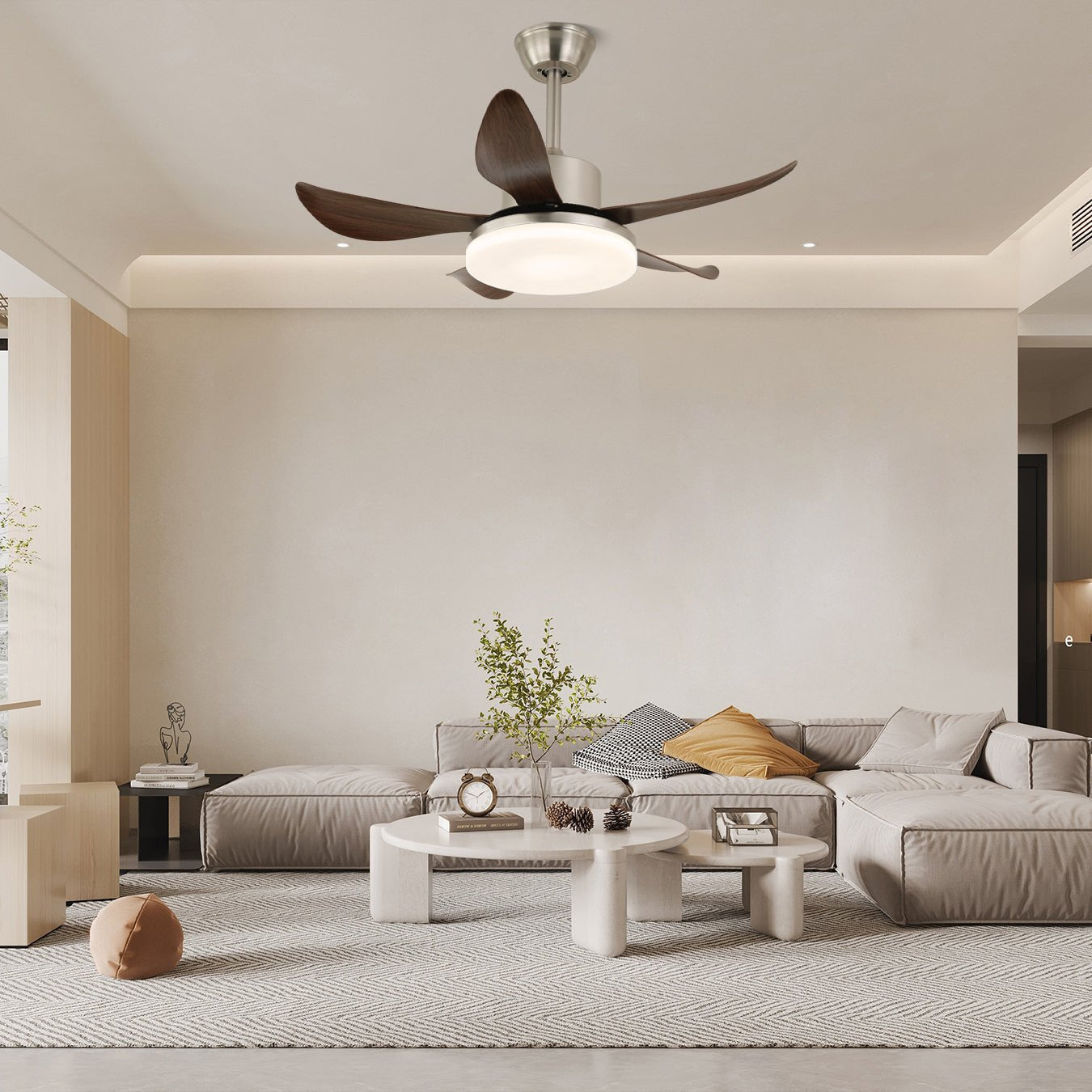 Nahaufnahme der Nerra Modernen Deckenventilator-Leuchte mit integrierter LED und Acrylschirm