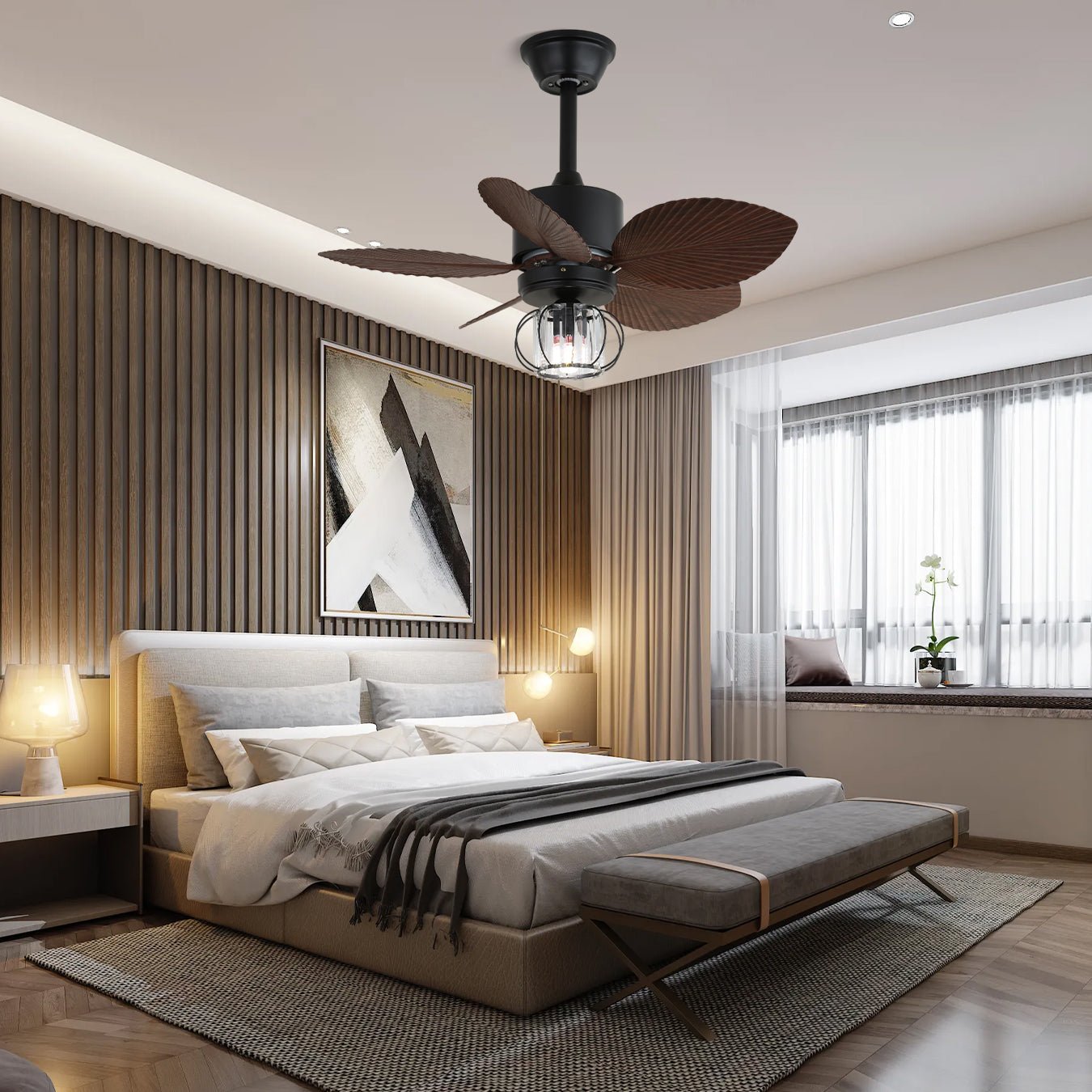 Nahaufnahme der Fernbedienung des Caden Industrie-Deckenventilators mit Beleuchtung