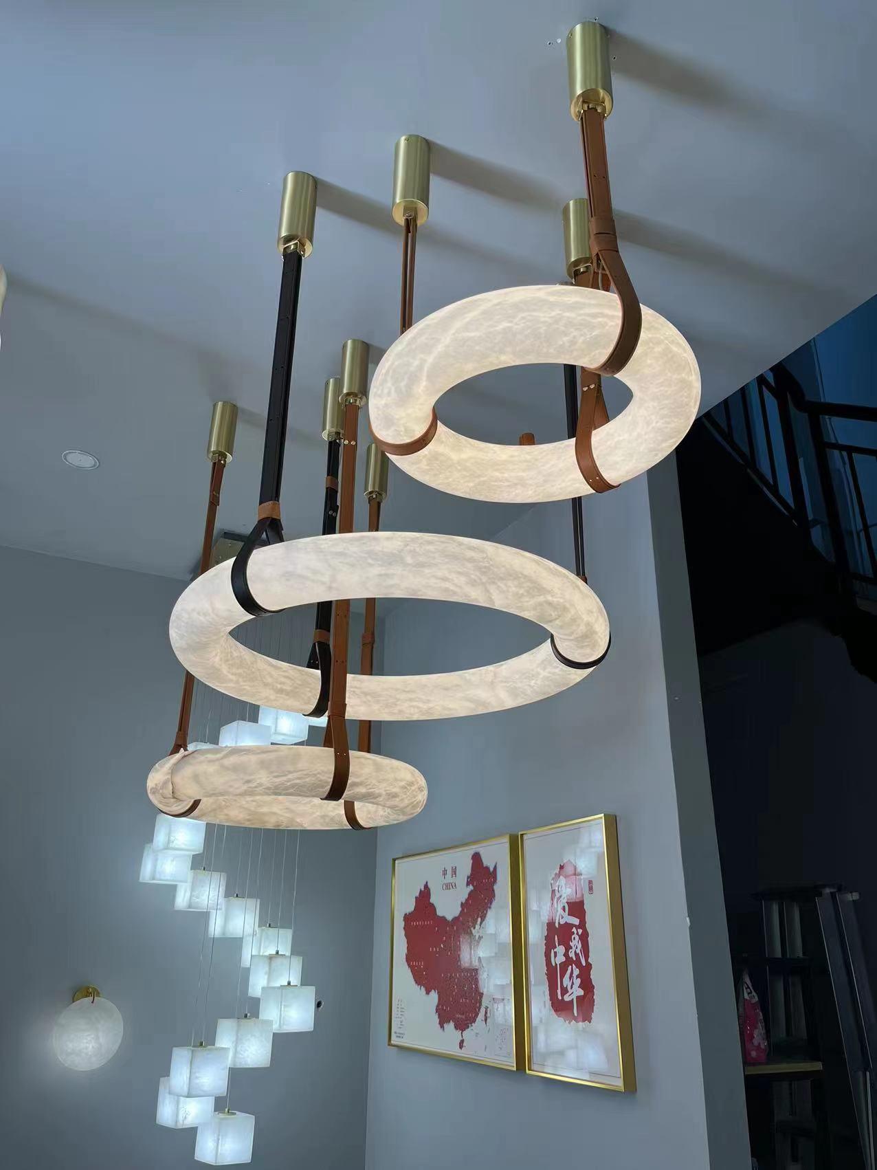Étoile Pendant Light Chandelier Alabaster Ring Triple Leather - Letslighting