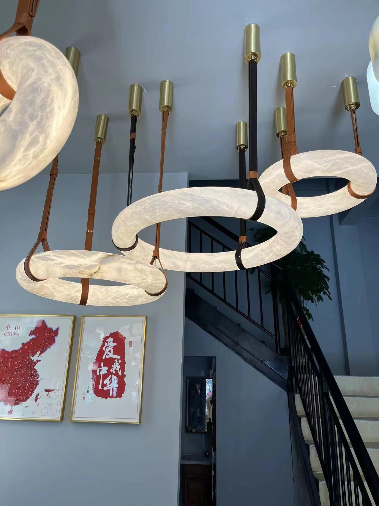 Étoile Pendant Light Chandelier Alabaster Ring Triple Leather - Letslighting