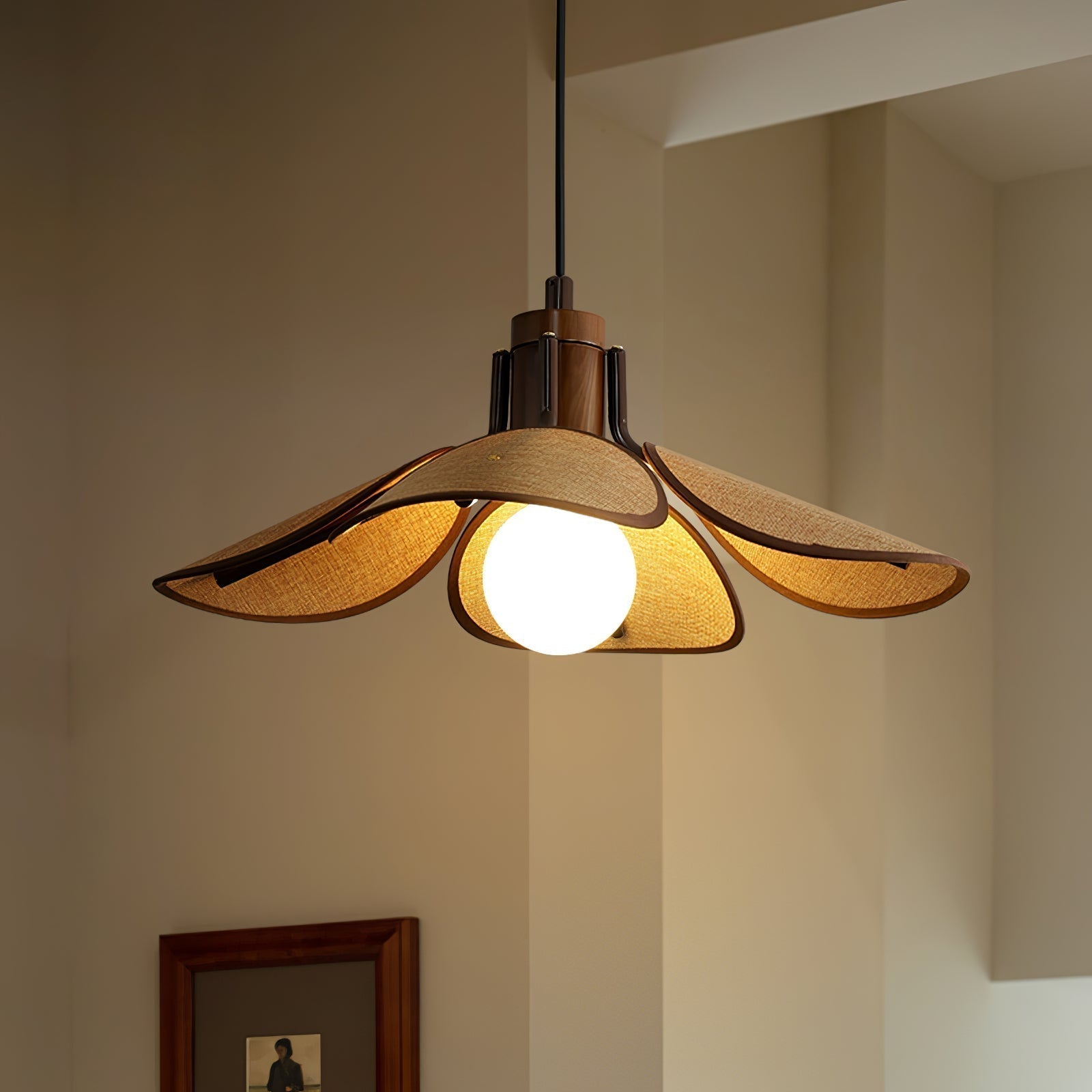 Utalion Traditionelle Pendelleuchte aus Holz und Stoff-Letslighting