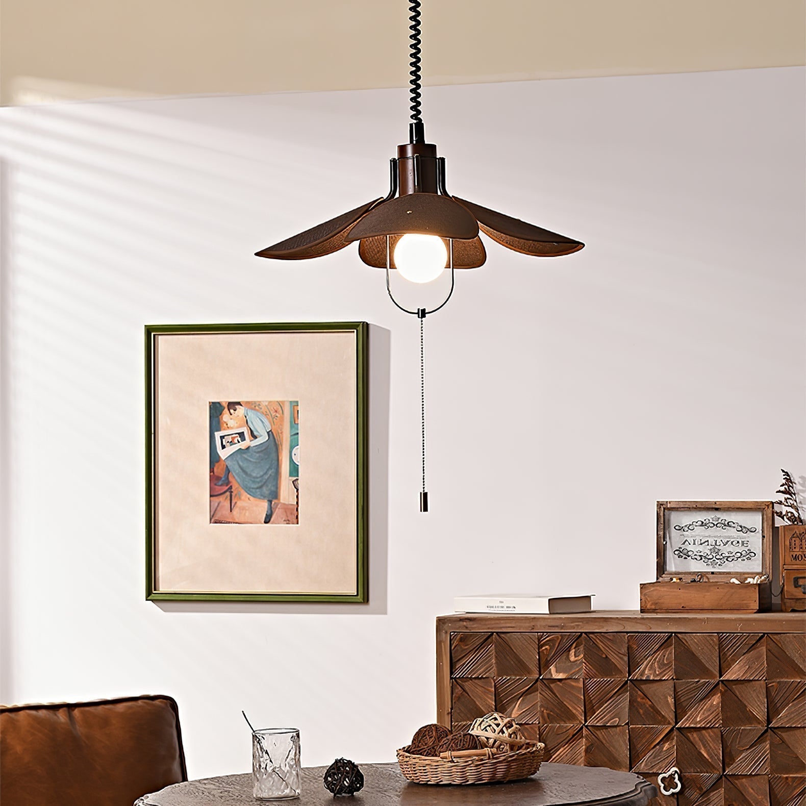 Utalion Traditionelle Pendelleuchte aus Holz und Stoff-Letslighting