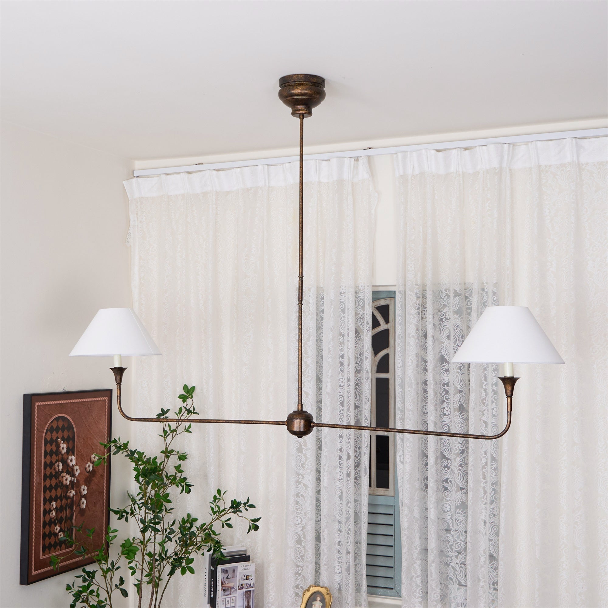 Aera Modern Minimalist Linear Antique Brass Fabric Chandelier - Letslighting