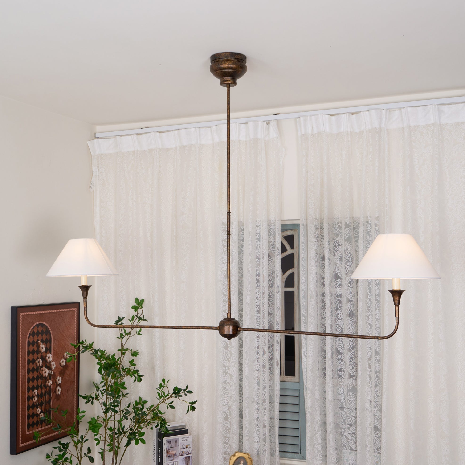 Aera Modern Minimalist Linear Antique Brass Fabric Chandelier - Letslighting