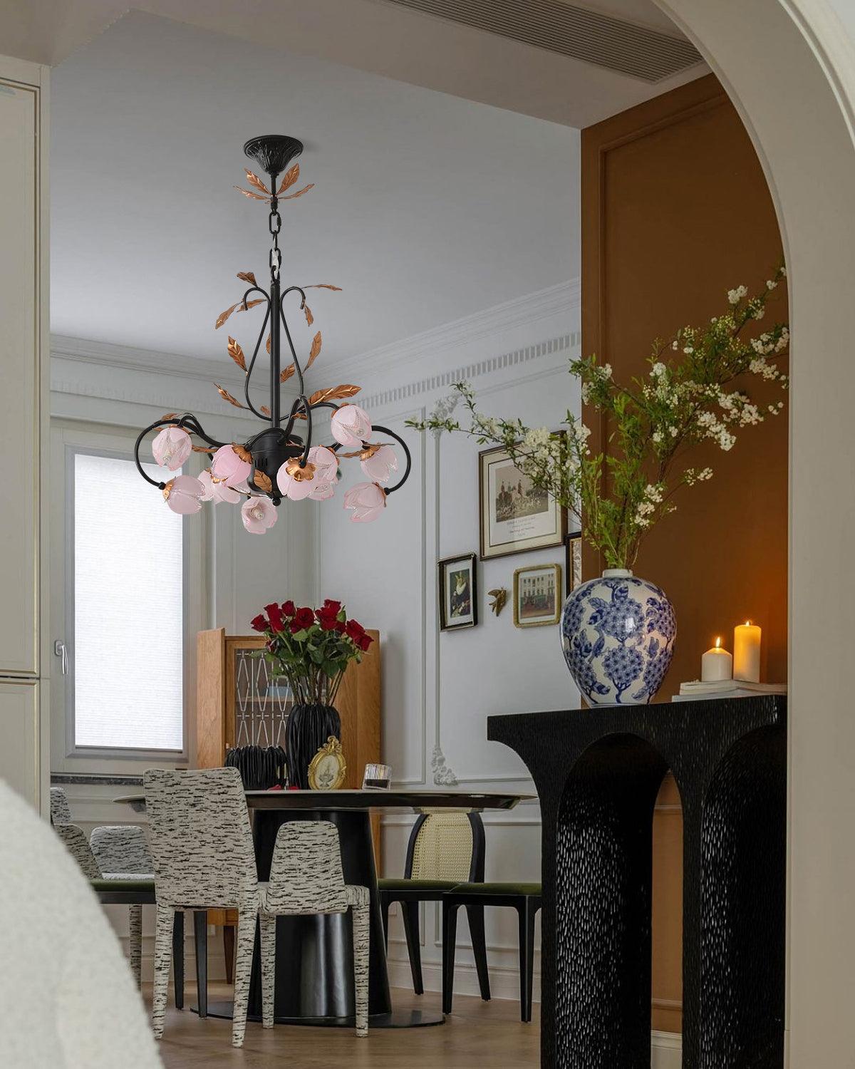 Avelora Vintage Industrieller Tulpen-Kronleuchter Pinkes Glas-Letslighting