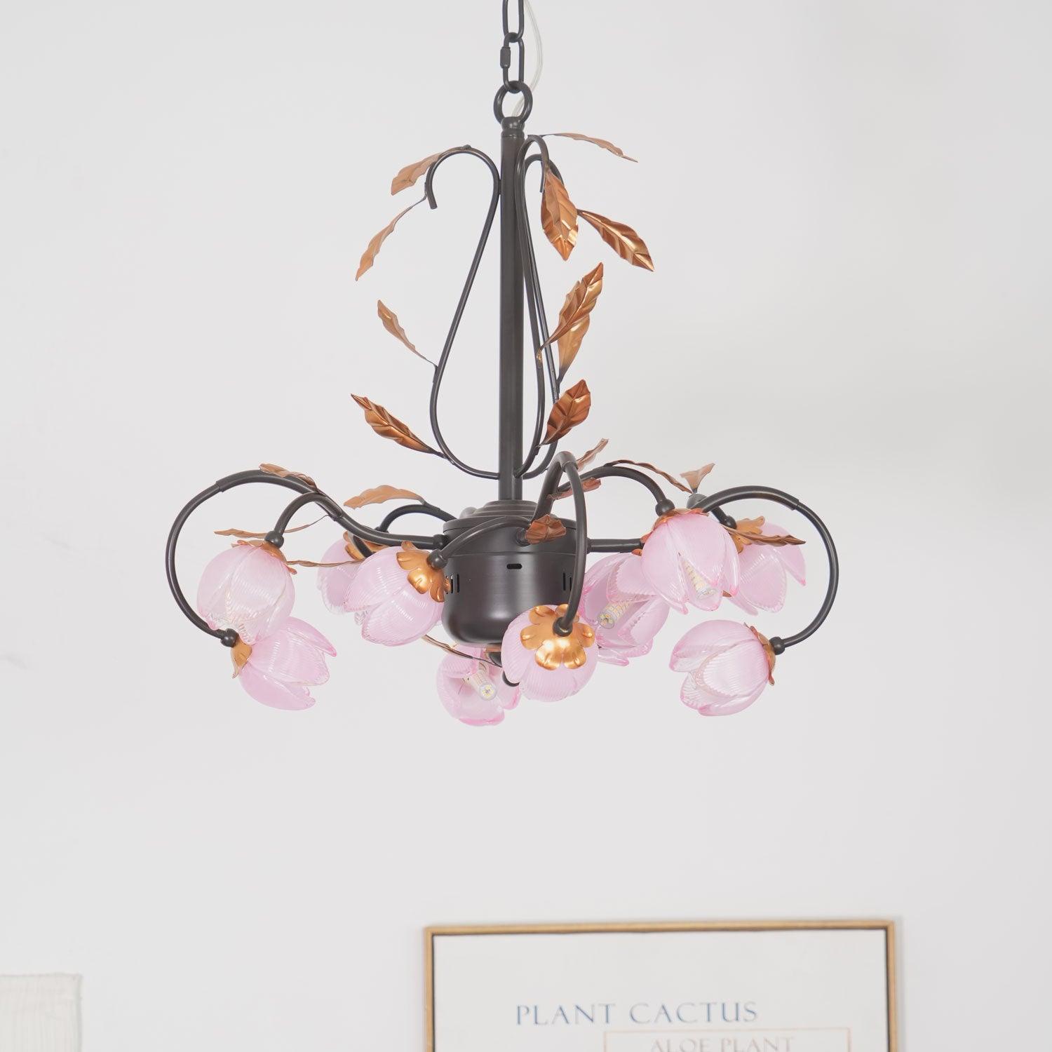 Avelora Vintage Industrieller Tulpen-Kronleuchter Pinkes Glas-Letslighting