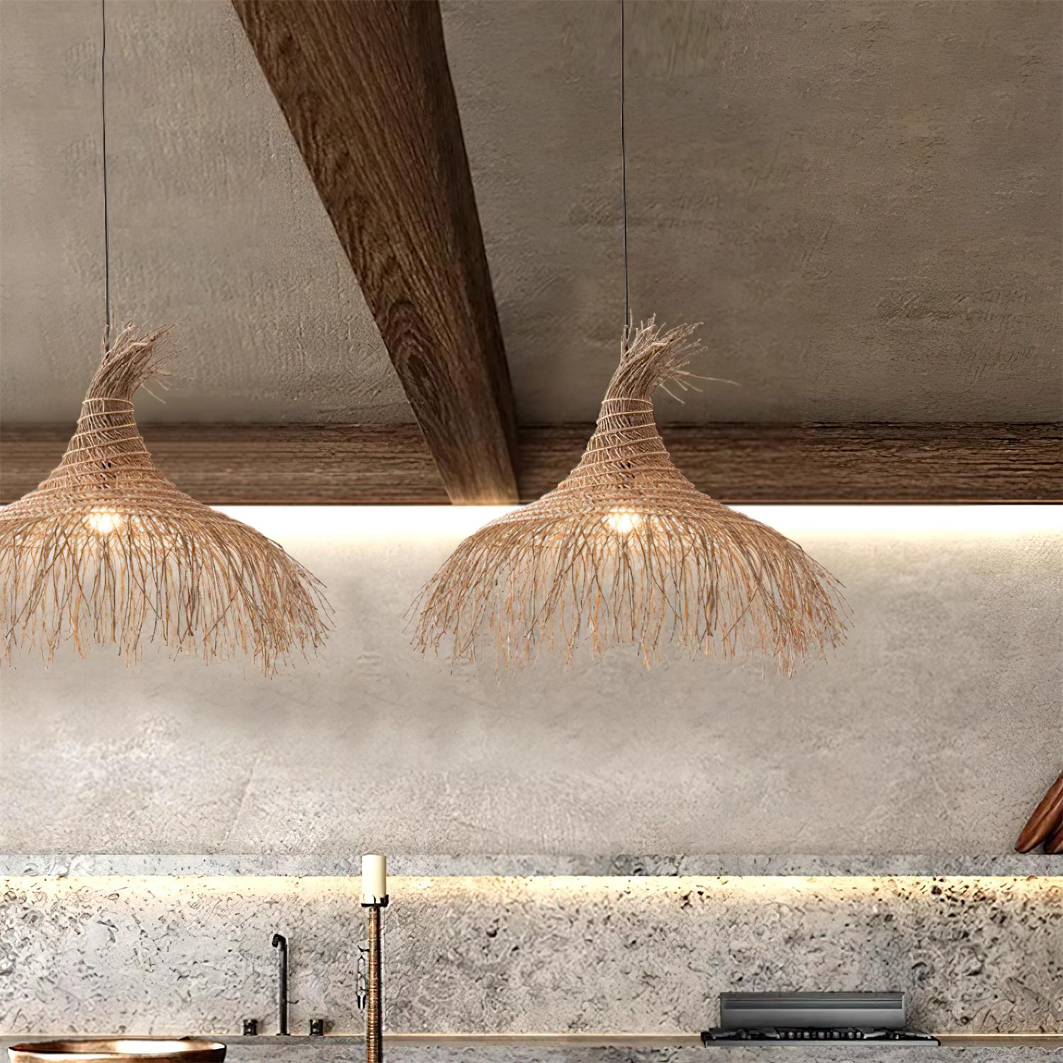Pendelleuchte Rattan Schirm Metallrahmen Bohemian Natur-Letslighting