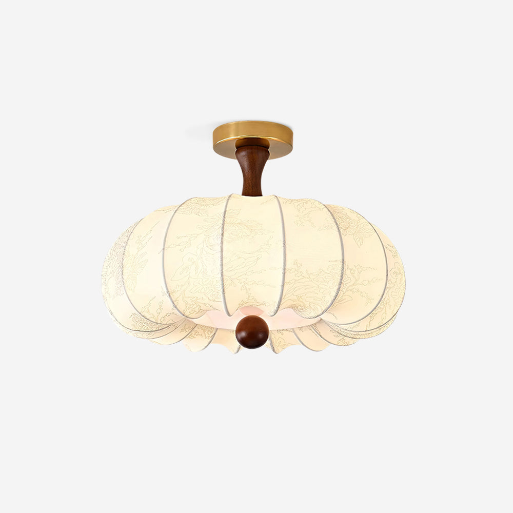 Ceiling Light Scalloped Fabric Shade Walnut Wood Canopy Vintage - Letslighting