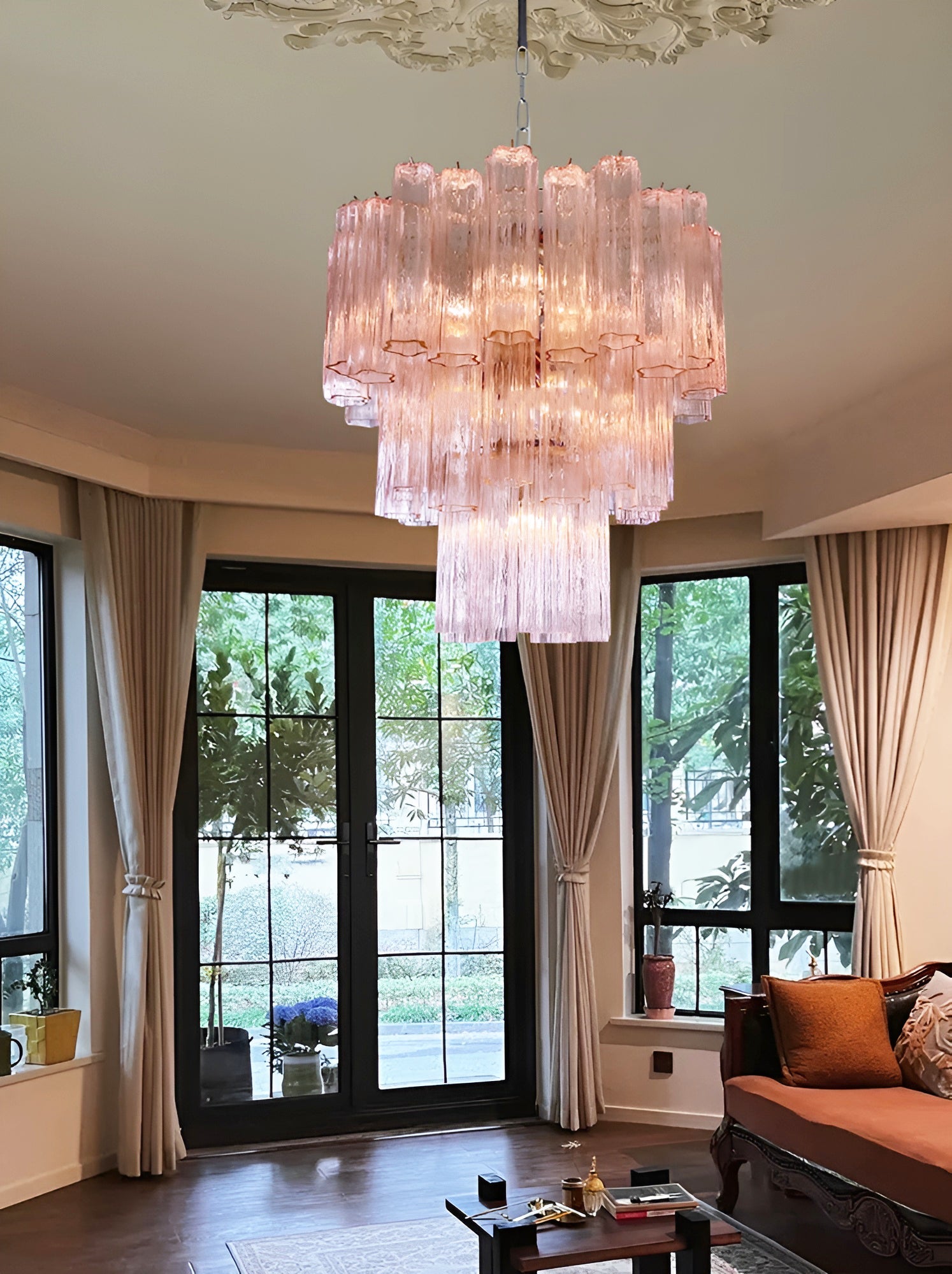 Aurora Chandelier Pink Glass Tubes Layered Modern - Neutralighting