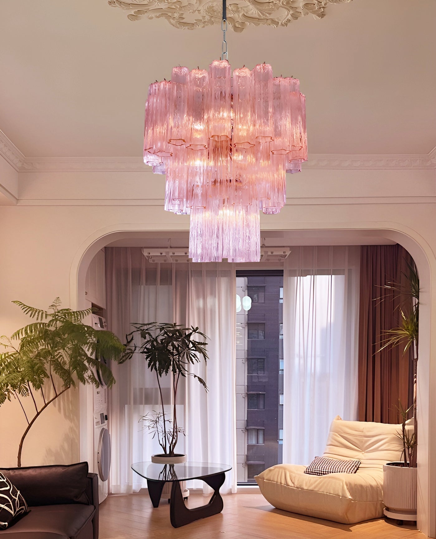 Aurora Chandelier Pink Glass Tubes Layered Modern - Neutralighting