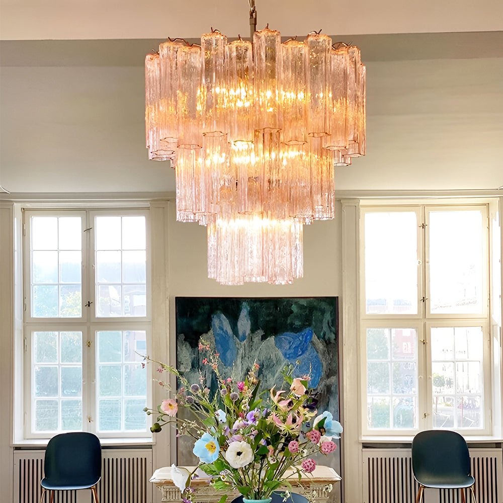 Aurora Chandelier Pink Glass Tubes Layered Modern - Neutralighting