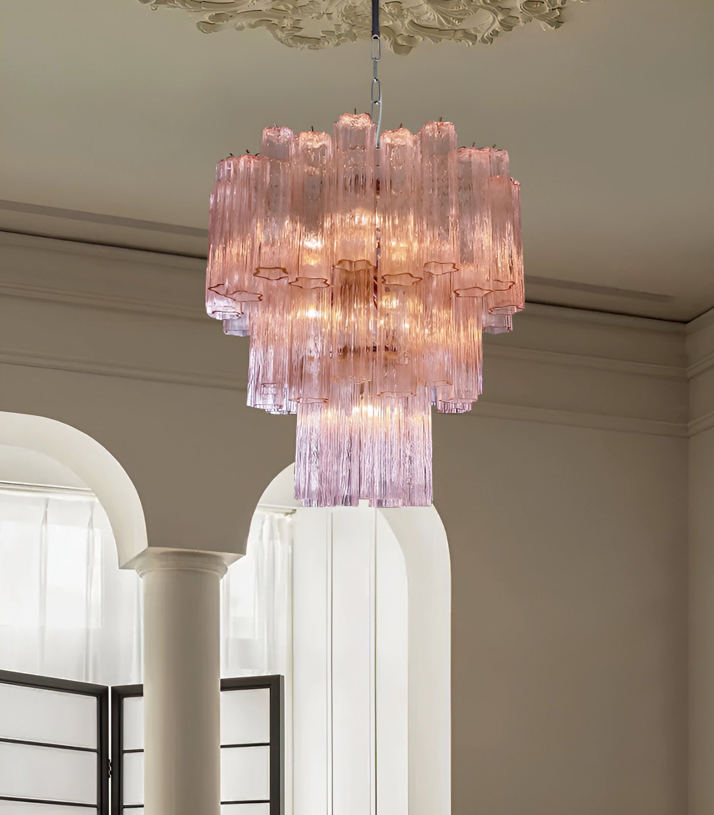 Aurora Chandelier Pink Glass Tubes Layered Modern - Neutralighting