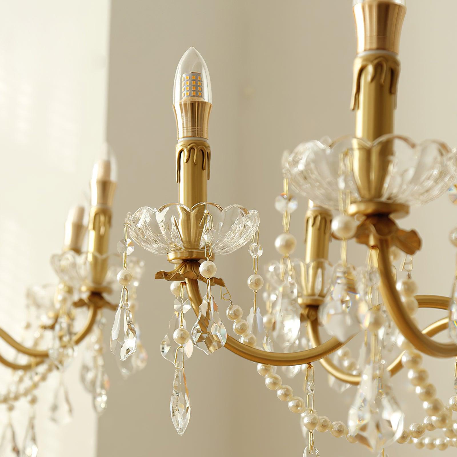 Chandelier Brass Body Crystal Pearl Drops Vintage Elegance - Letslighting