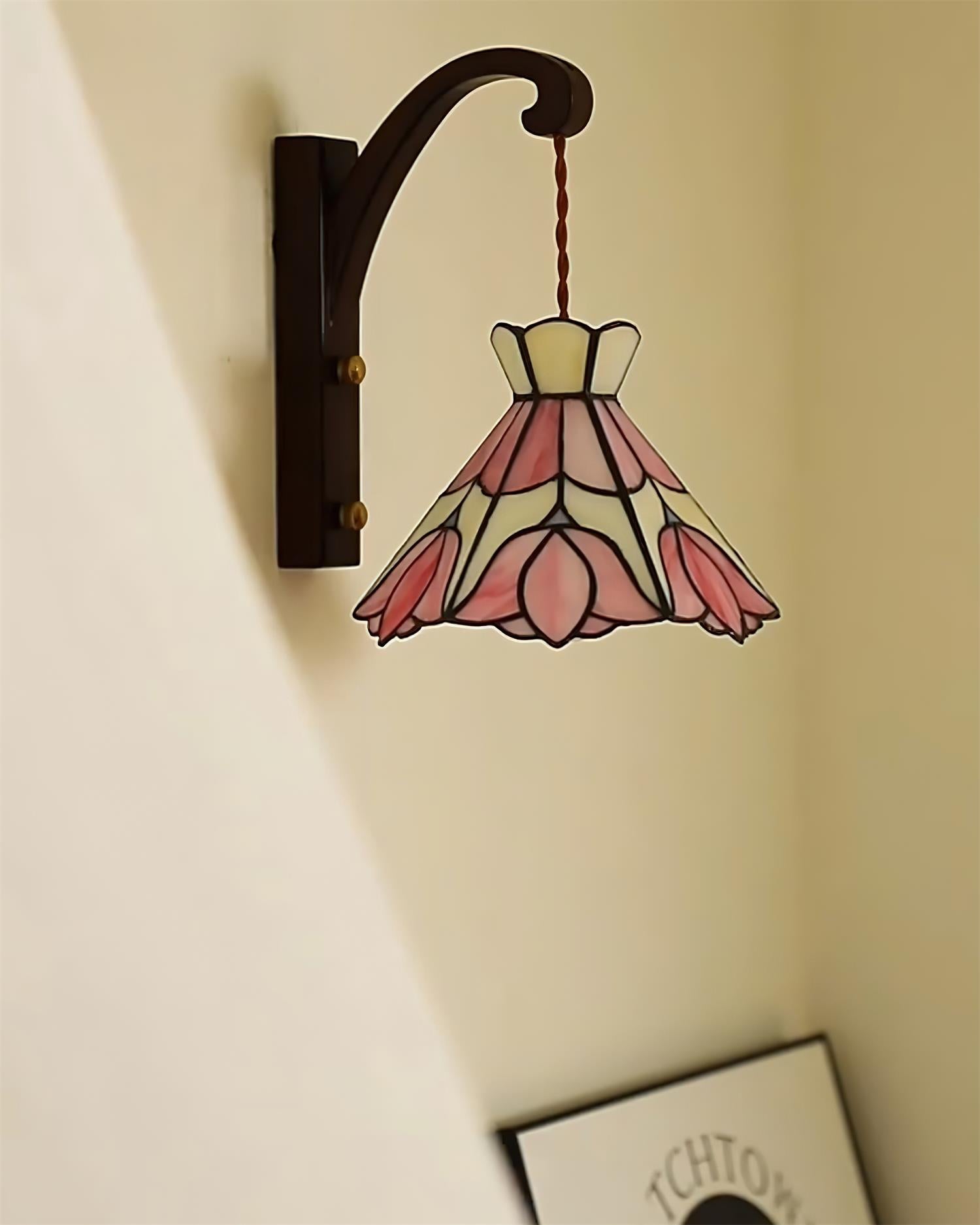 Wandleuchte Holz Körper Tiffany Glas Schirm Rosa Florale Vintage Kunst-Letslighting