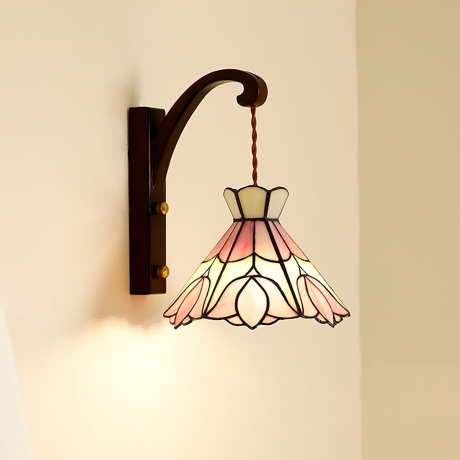 Wandleuchte Holz Körper Tiffany Glas Schirm Rosa Florale Vintage Kunst-Letslighting