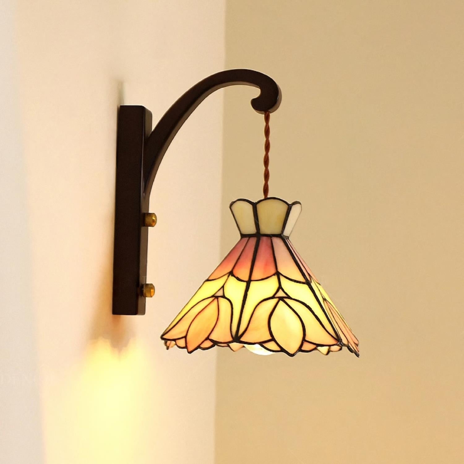 Wandleuchte Holz Körper Tiffany Glas Schirm Rosa Florale Vintage Kunst-Letslighting