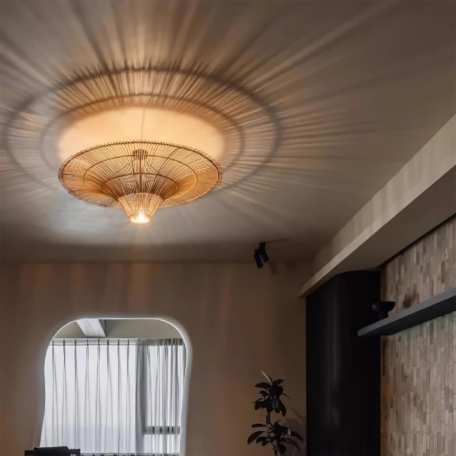 Juvia Pendelleuchte Rattan Natur Handgeflochten Breiter Schirm-Letslighting