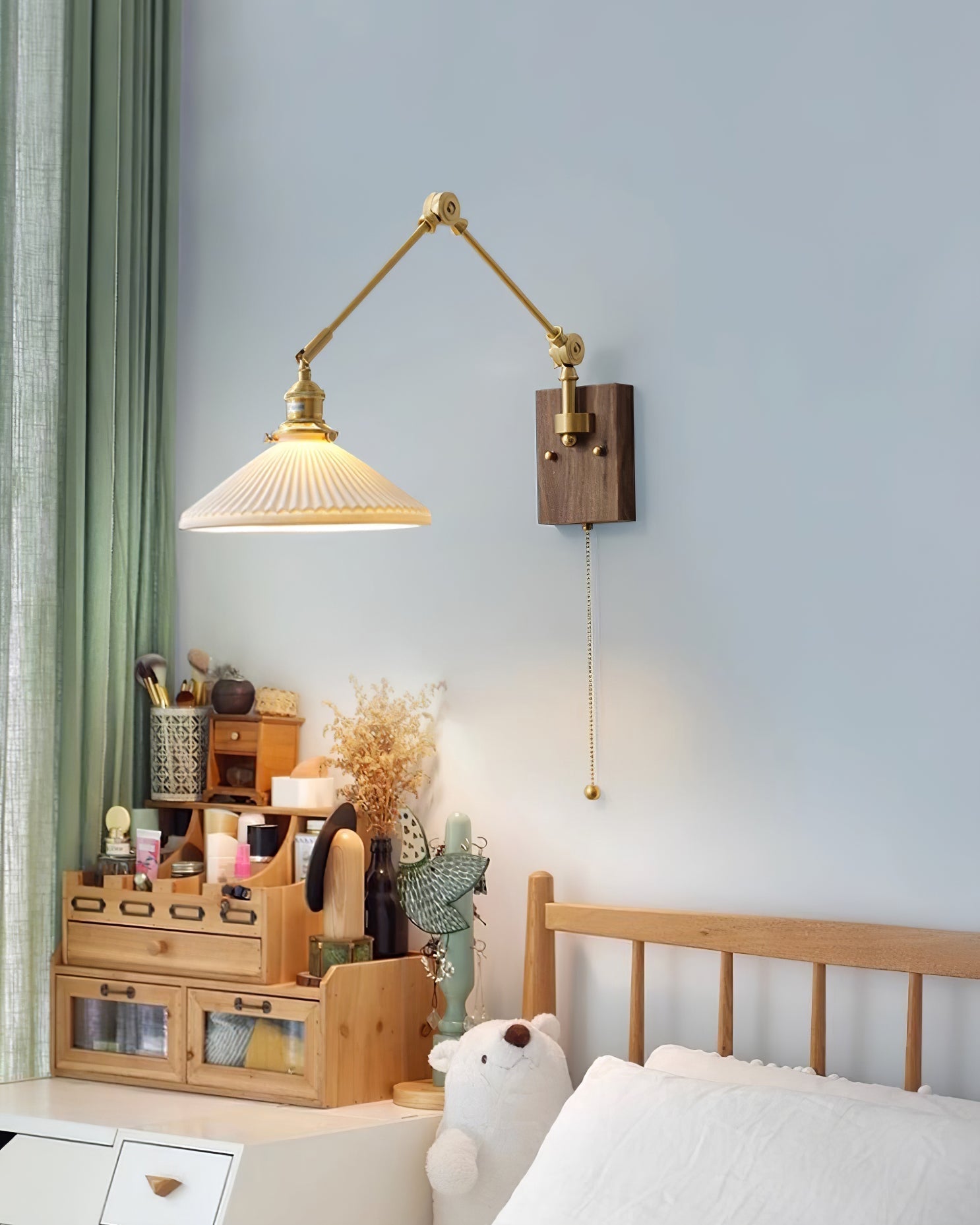 Wandleuchte Verstellbar Arm Gefeilt Schirm Walnuss Basis Vintage Task-Letslighting