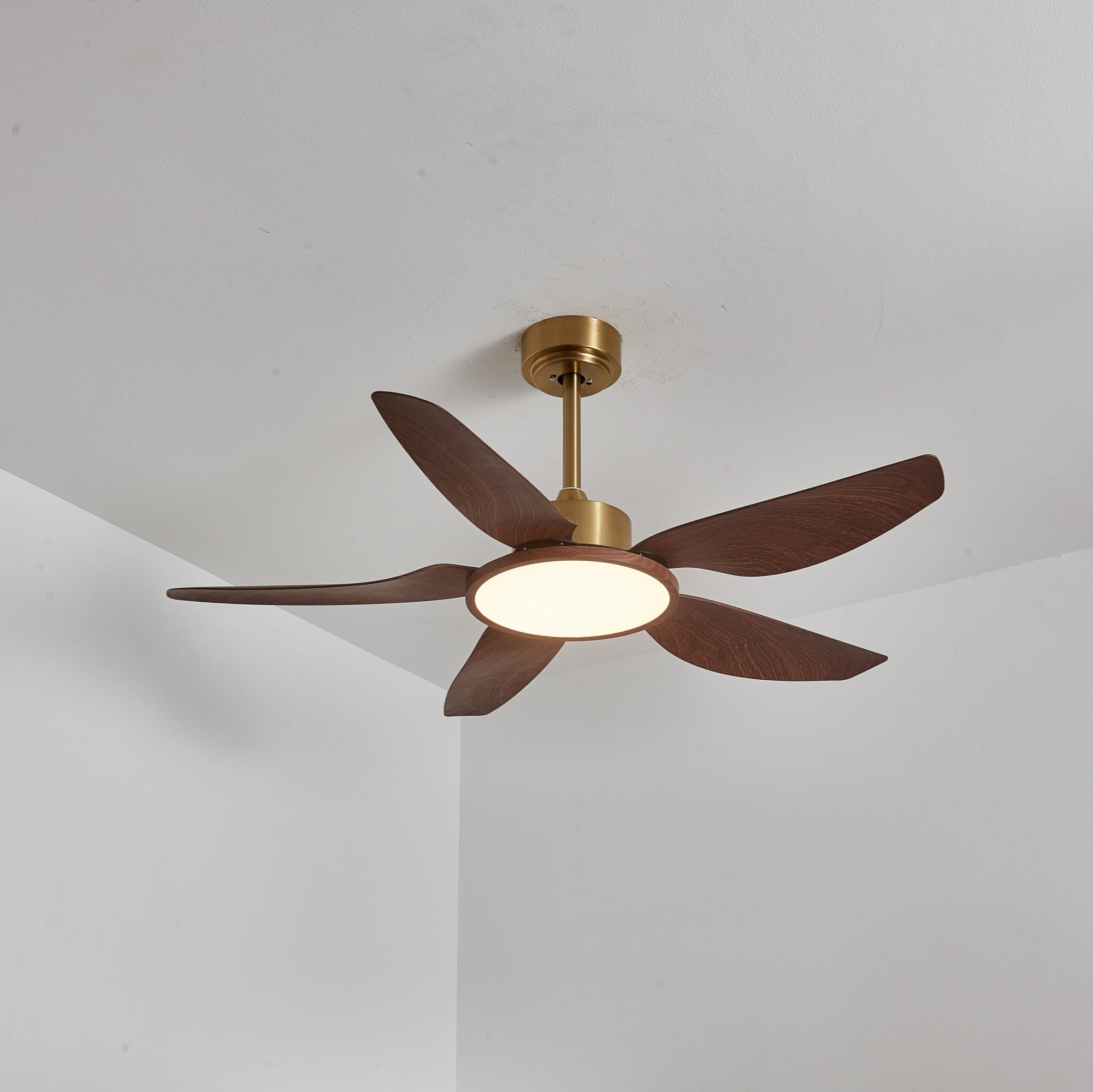 Aurelia Deckenventilator mit Beleuchtung, zeigt Messingakzente.