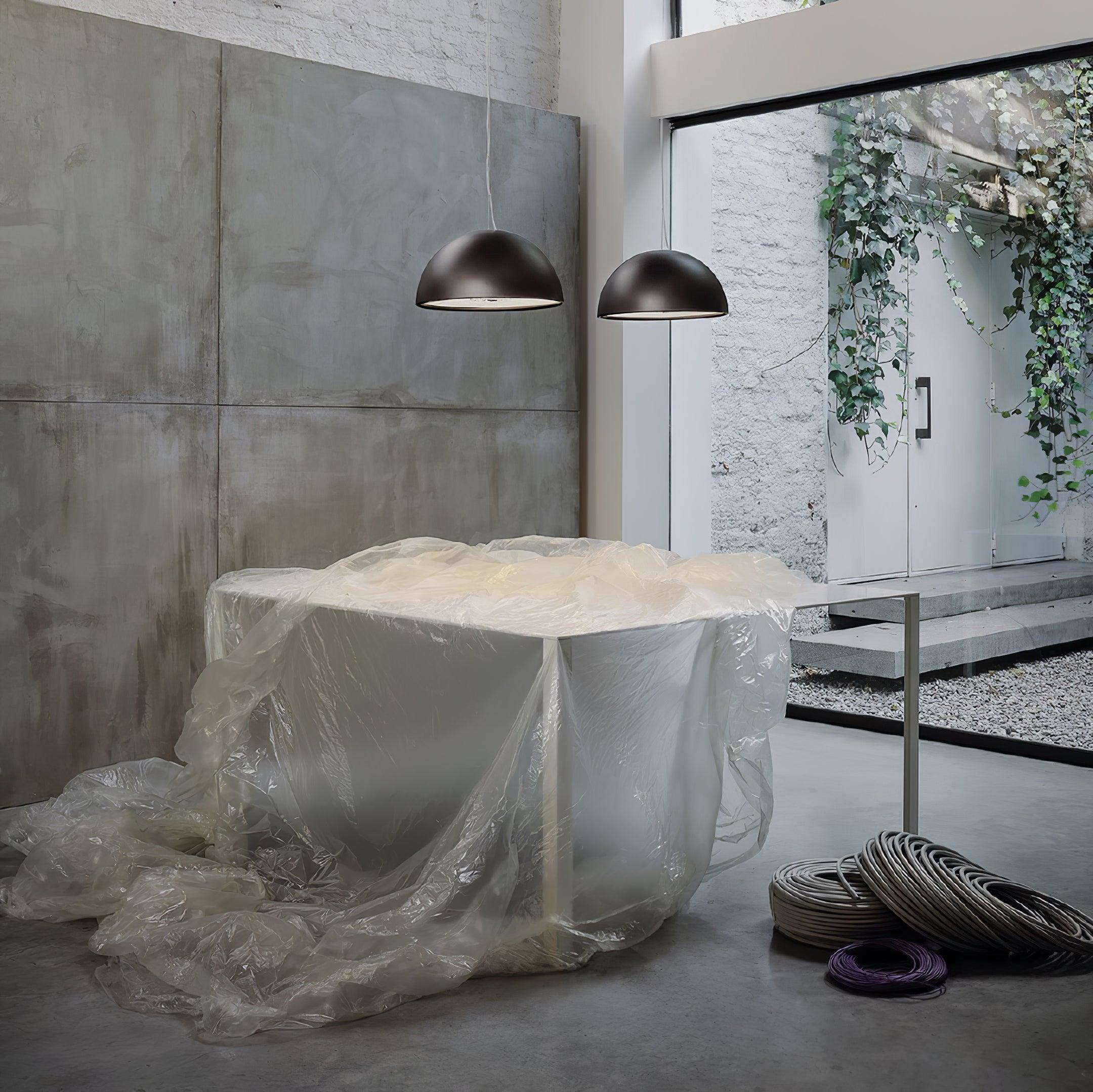 Pendant Lamp Black Dome with Embossed Plaster Interior Elegant - Letslighting