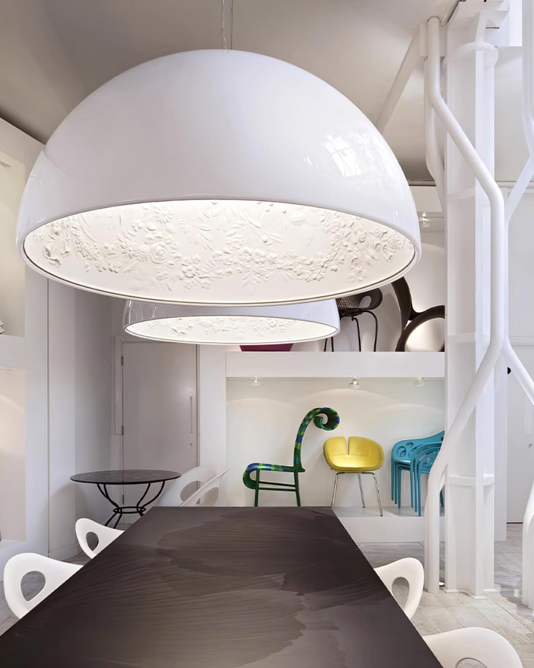 Pendant Lamp Black Dome with Embossed Plaster Interior Elegant - Letslighting