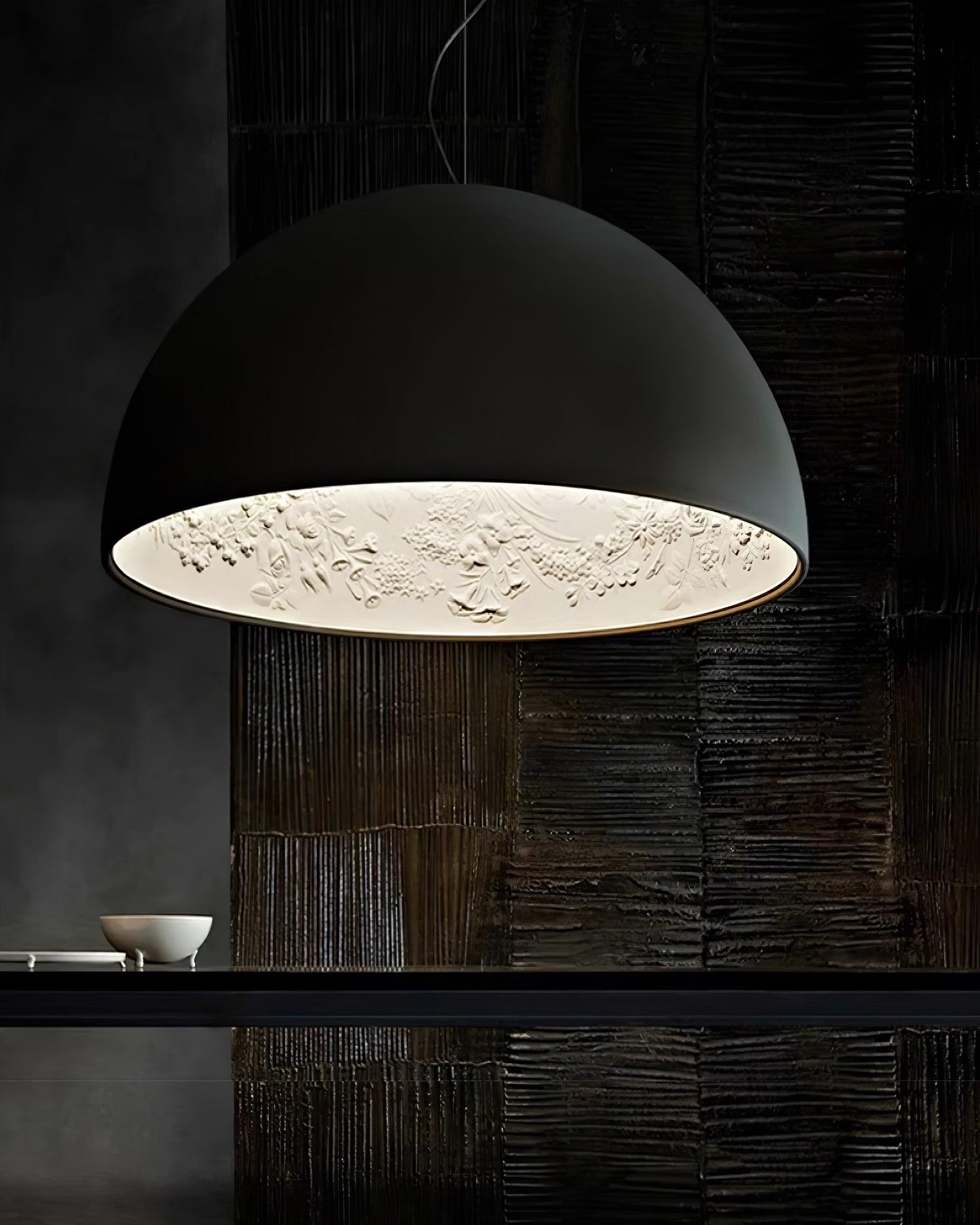 Pendant Lamp Black Dome with Embossed Plaster Interior Elegant - Letslighting