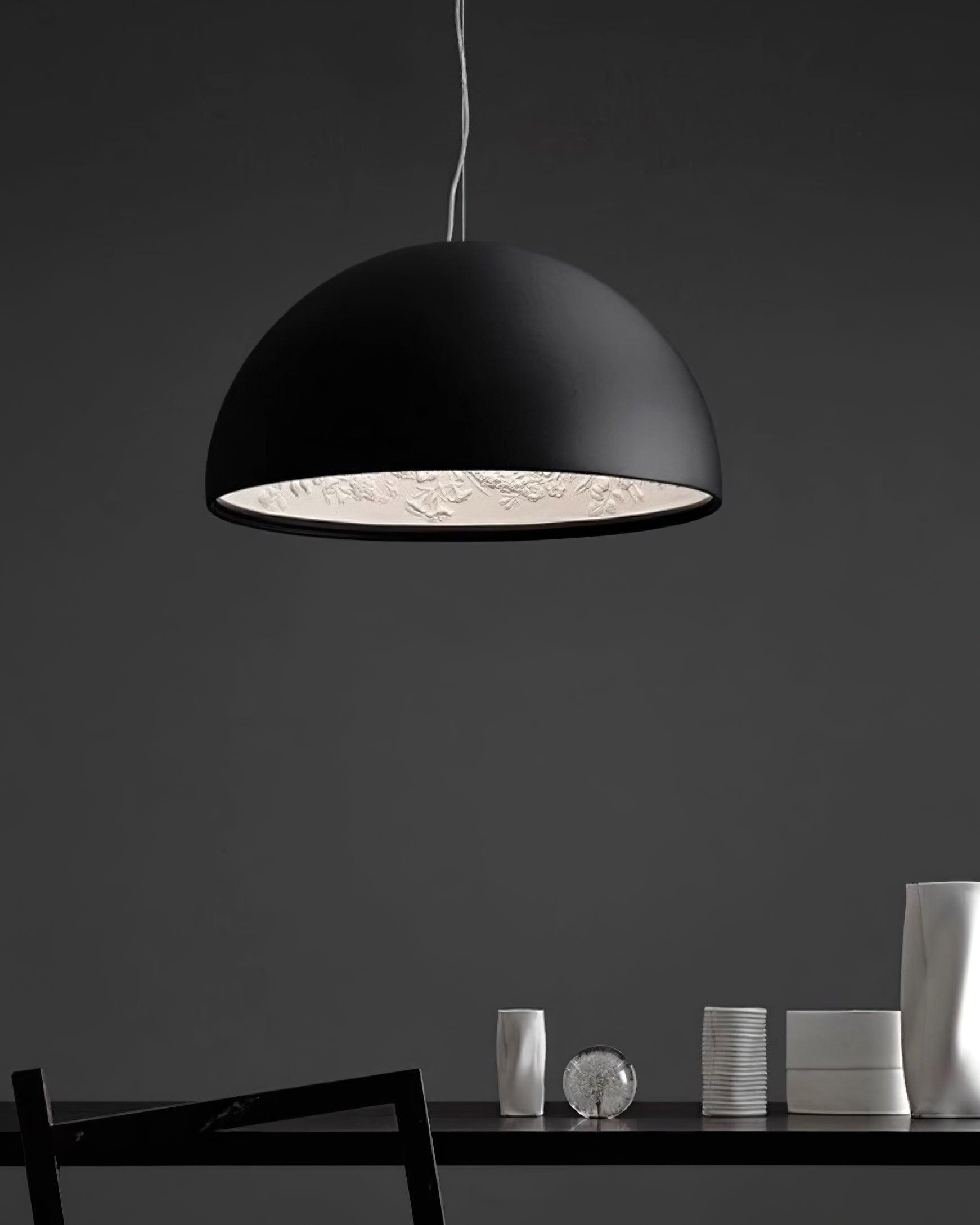 Pendant Lamp Black Dome with Embossed Plaster Interior Elegant - Letslighting