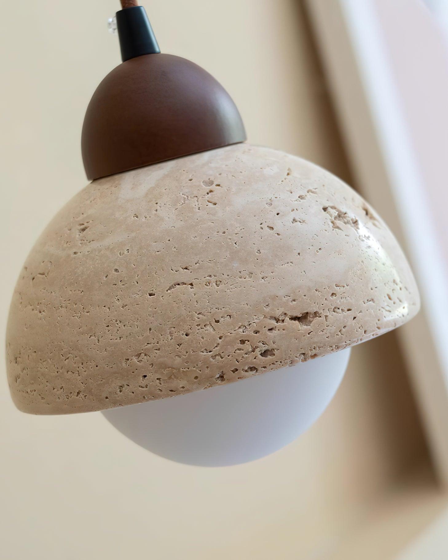 Pendant Lamp Wood Top Yellow Travertine Glass Shade White Beige Modern - Letslighting