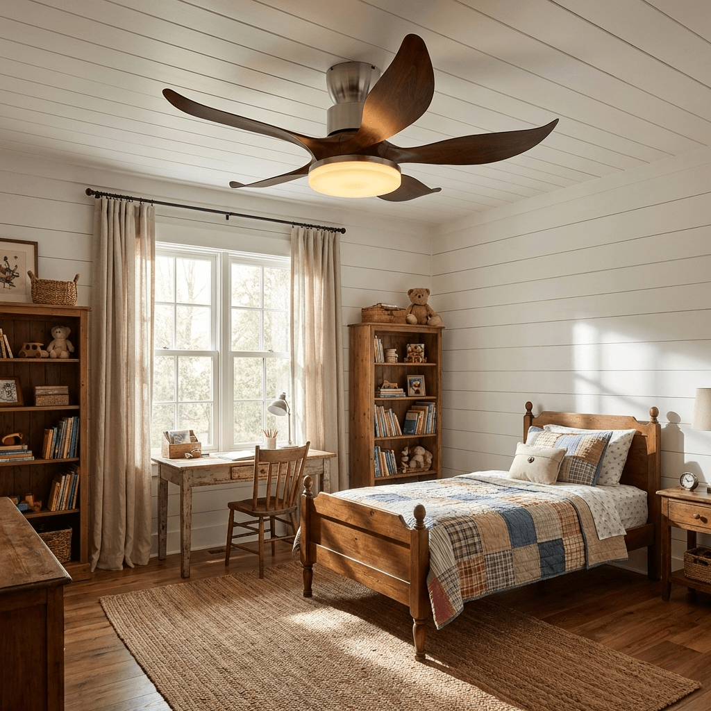 Nahaufnahme des Celia Deckenventilators mit 5 Flügeln und Licht, zeigt die integrierte LED