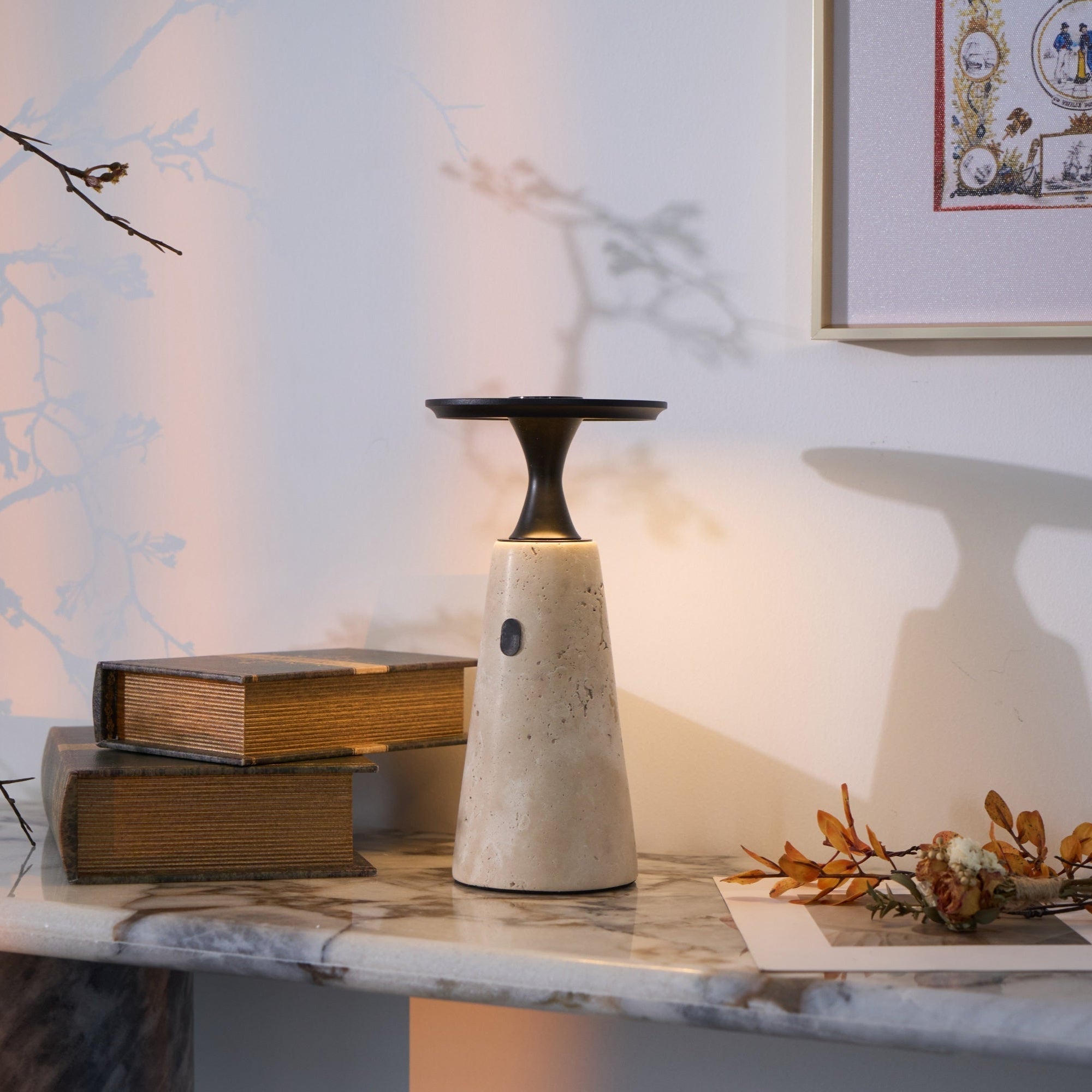 Vespera Sculptural Travertine Table Lamp - Neutralighting
