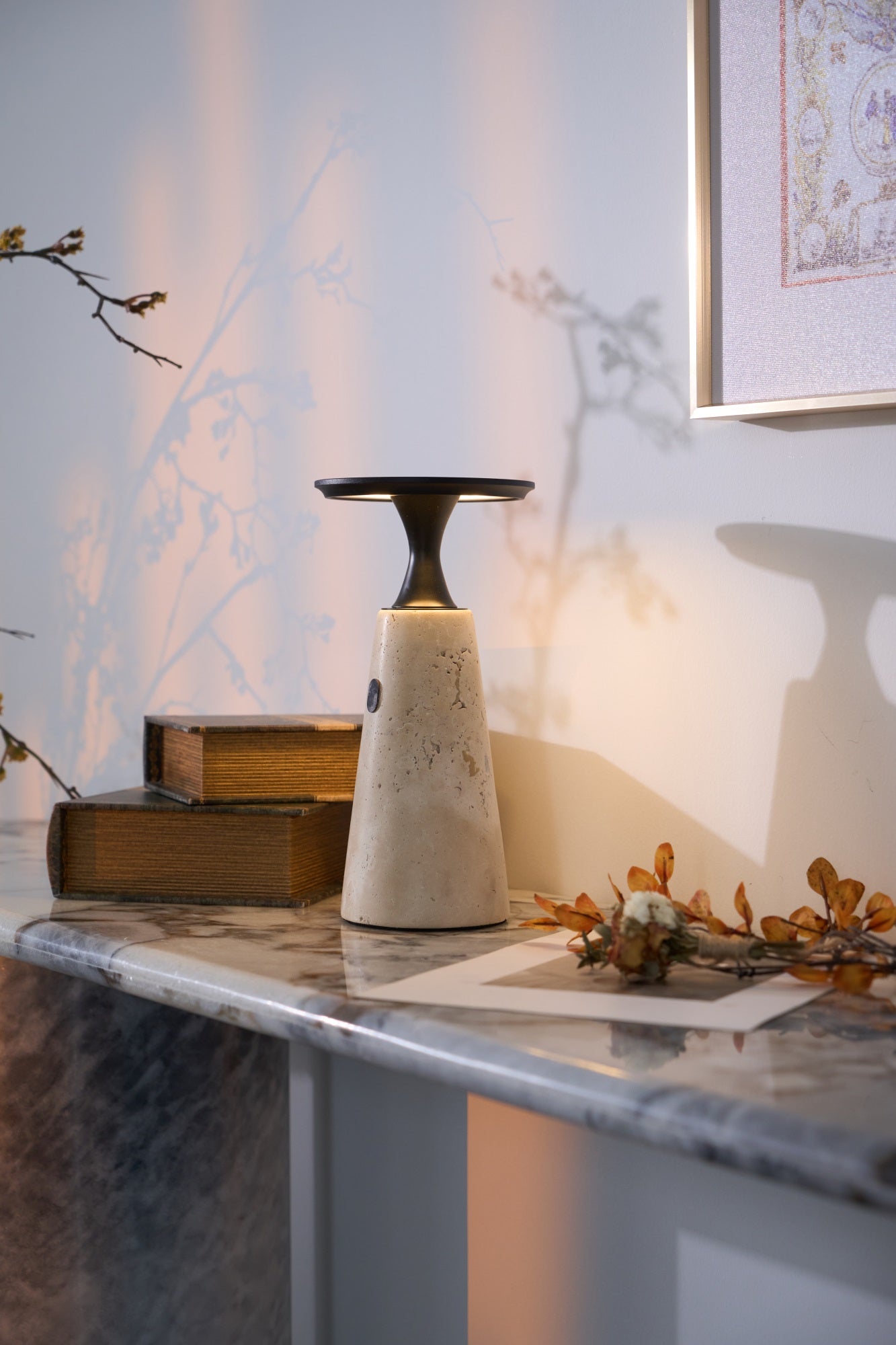 Vespera Sculptural Travertine Table Lamp - Neutralighting